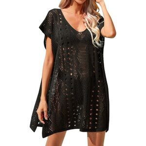 Dokotoo Crochet Swim Cover Up Short Sleeve Mini Dress Coverup Beachwear SMALL